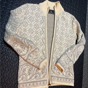 Dale of Norway Cream and Gray Zip Up Sweater with Intricate Pattern